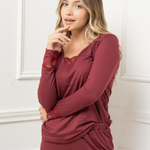 TRENDA L5600 SET PIJAMA CASACA Y PANTALON DE MODAL SOFT CON PUNTILLA