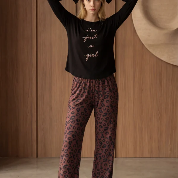 ANDRESSA P9075 PIJAMA MANGA LARGA CON ESTAMPA Y PANTALON WIDE LEG CON VOLADOS